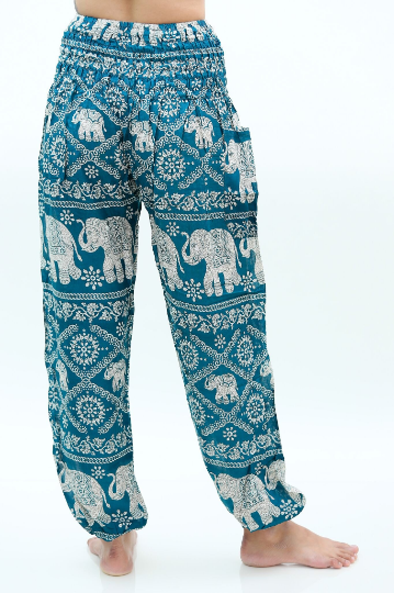 Teal boho elephant print pants for women, Tan Smokey brand, featuring hippie and yoga-inspired style with comfortable fit.