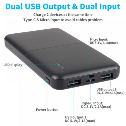 Lilac Milo power bank with fast charging, dual USB outputs, compact tech accessory for on-the-go device charging.