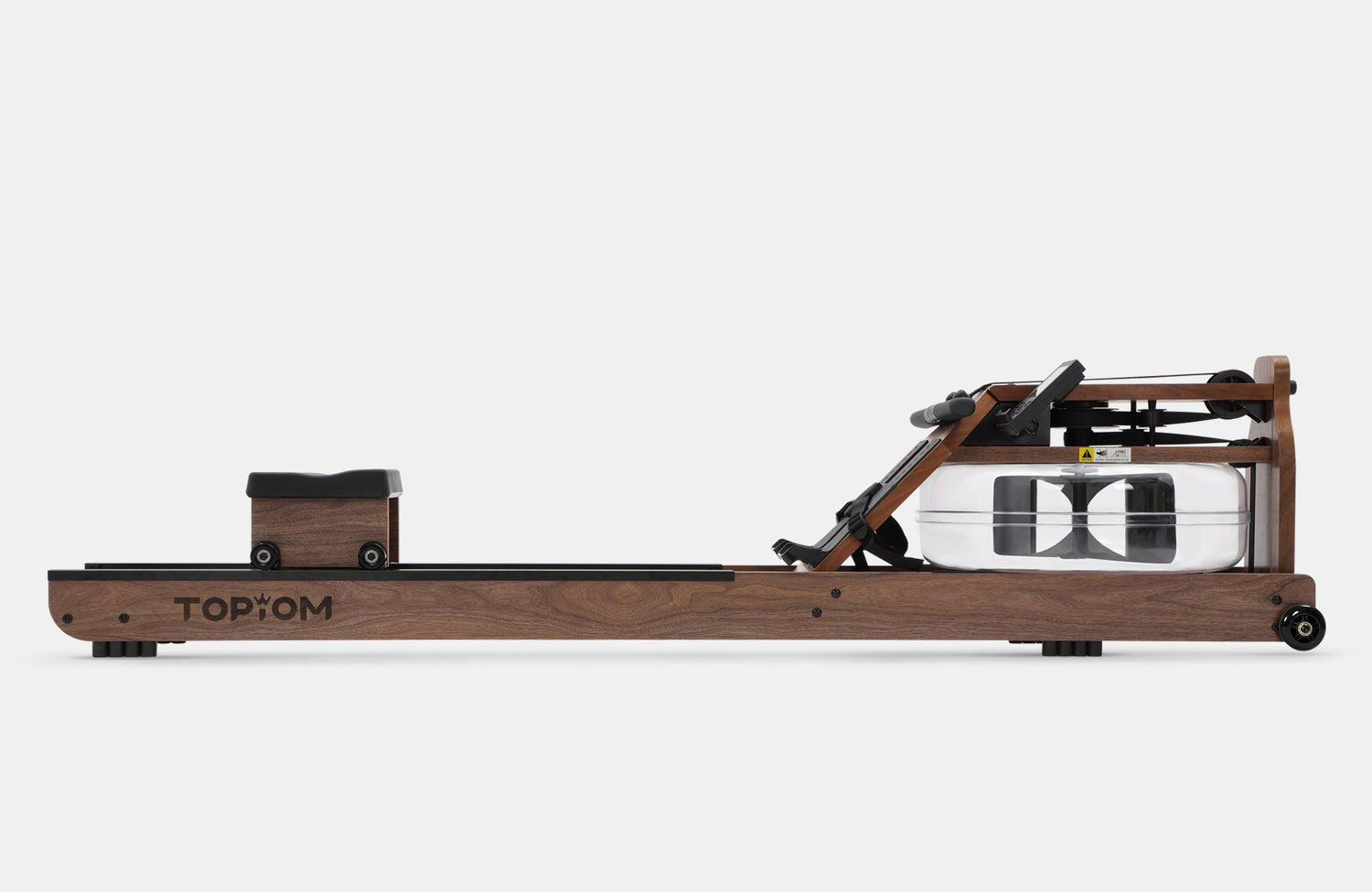 Olive Nyx Topiom rowing machine for home use with solid wood frame and TM3 monitor, shown with adjustable foot straps and sleek design.