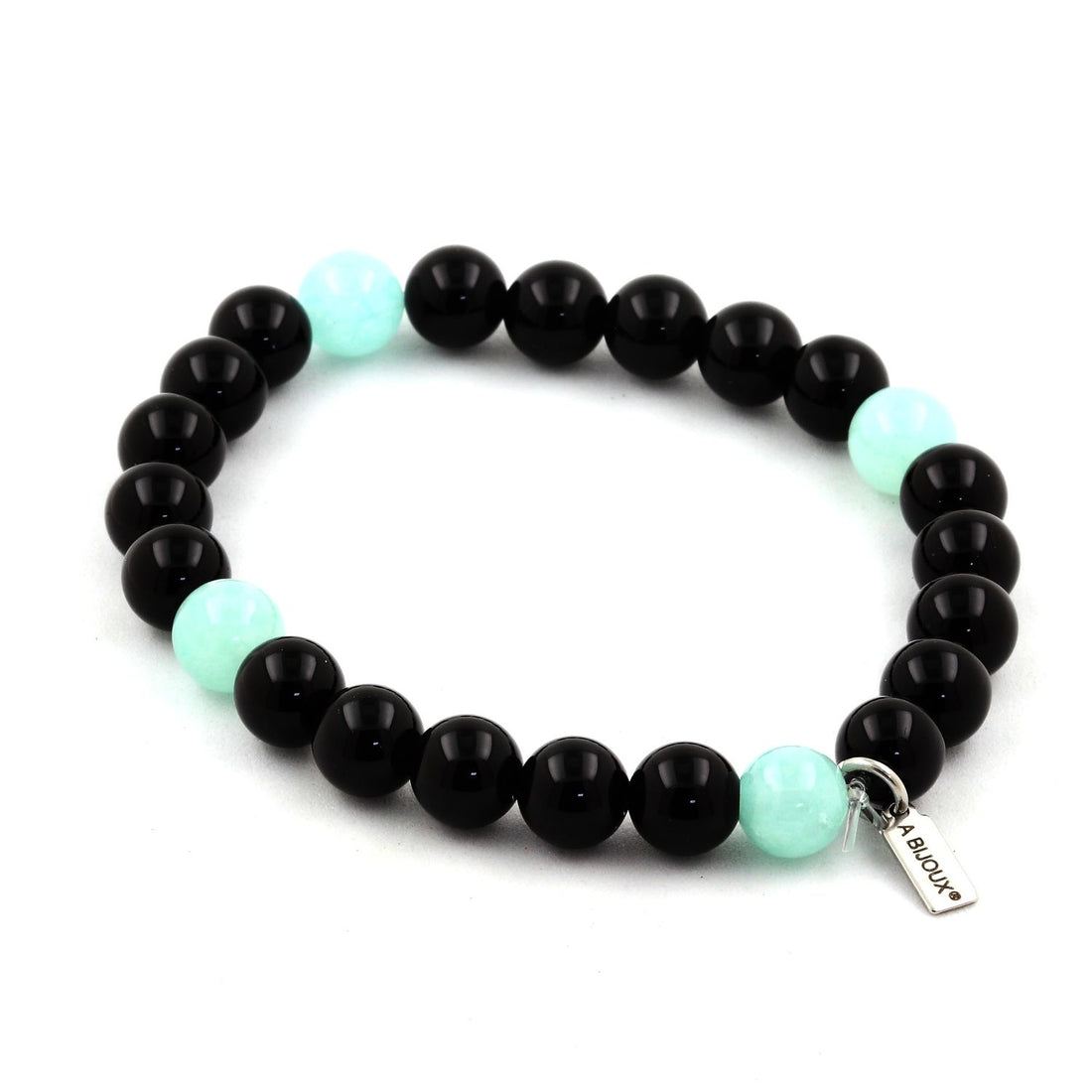 Angelite and black agate beaded bracelet with 8mm beads, stylish jewelry by Tan Coconut featuring calming blue and black stones.