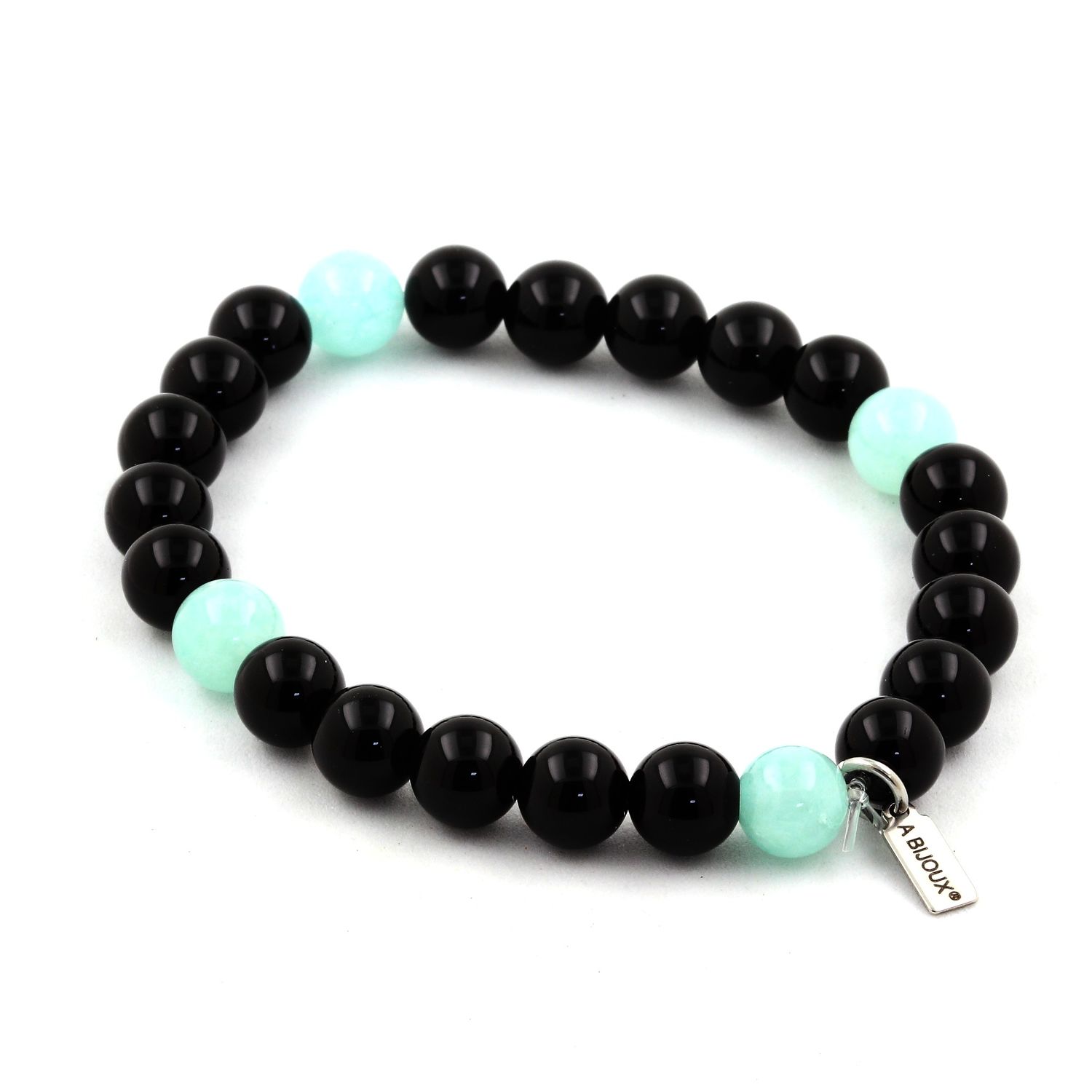 Angelite and black agate beaded bracelet with 8mm beads, stylish jewelry by Tan Coconut featuring calming blue and black stones.