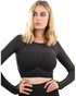 Lazurite Decata seamless sports top for women in black and brown, featuring a fitted design and breathable fabric.