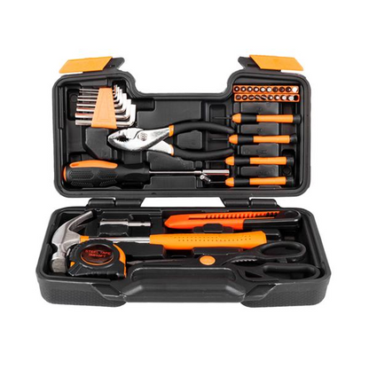 Lilac Milo 39-piece hand tool set including measuring tape, pliers, and various tools for home repair and DIY projects.