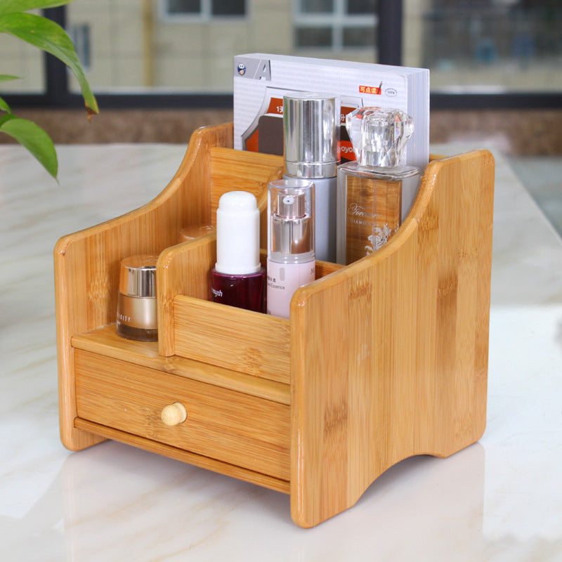 Fuchsia Molly bamboo storage box for organization, showing a natural bamboo finish with a lid and interior compartments.