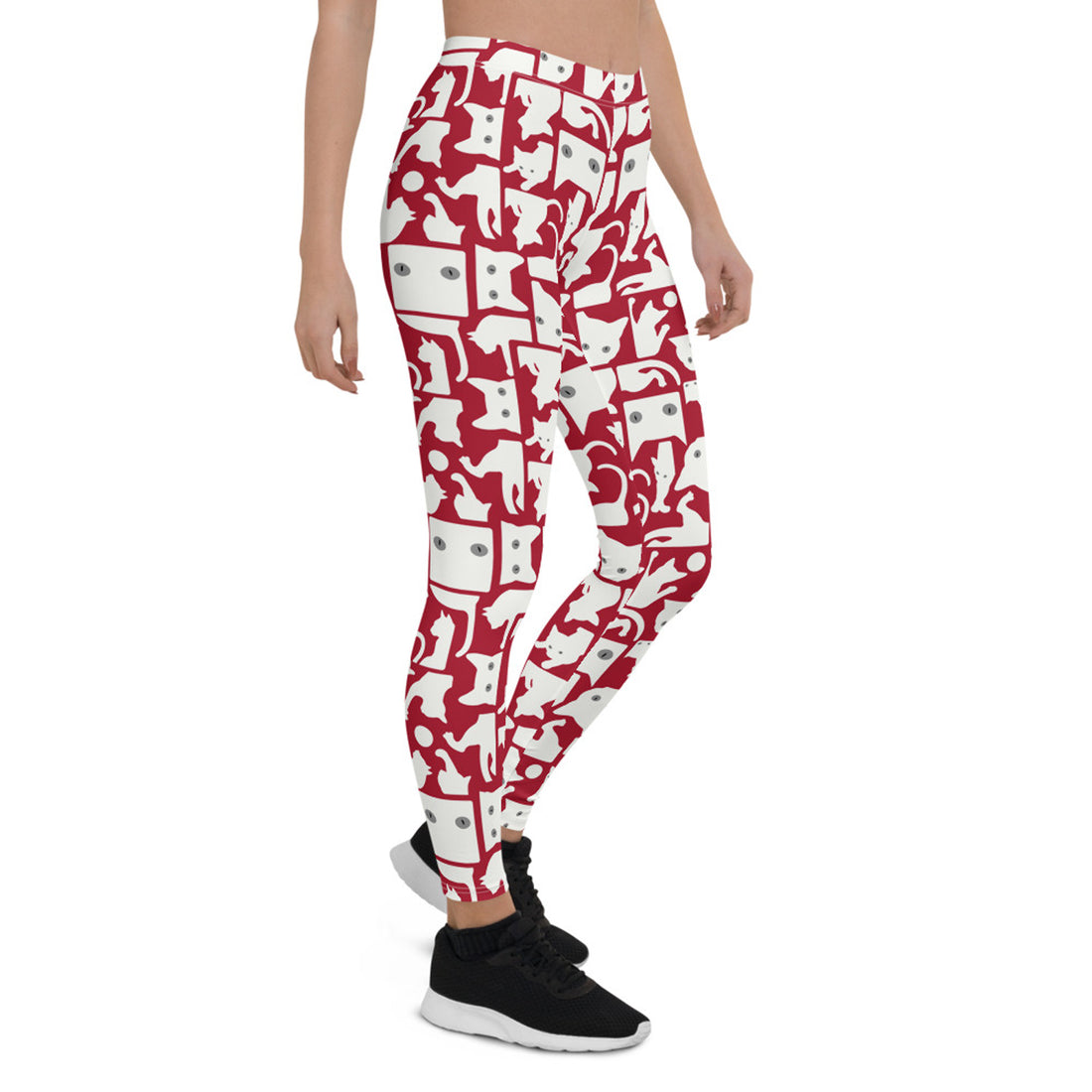 Women’s white cat silhouette on red leggings by Start2Finish, featuring a stylish feline design on stretchy, comfortable fabric.