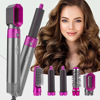 Coffee Caeneus 5-in-1 multifunctional hot hair brush with dryer and hair curler, shown with various styling attachments.