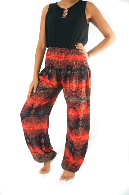 Tan Smokey striped harem pants with boho paisley pattern, featuring loose fit and comfortable hippie-style design.