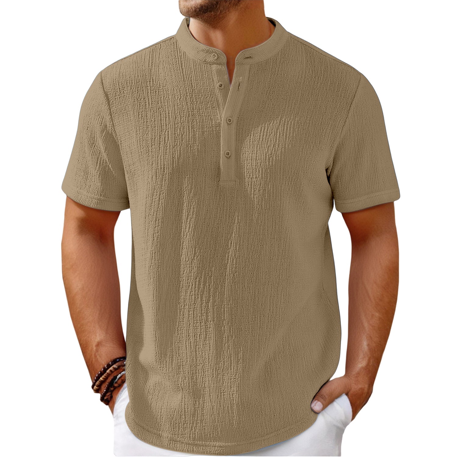 Carmine Juneberry striped cotton-linen Henley T-shirt in beige and navy, featuring a buttoned neckline and casual fit.