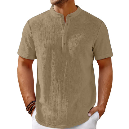 Carmine Juneberry striped cotton-linen Henley T-shirt in beige and navy, featuring a buttoned neckline and casual fit.