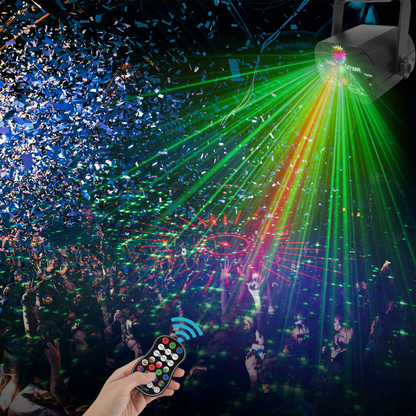 Teal Simba Mini RGB Disco Light LED Laser Stage Projector with colorful lighting effects and compact design.