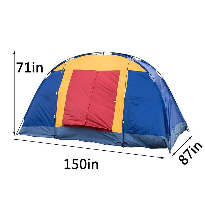 Lilac Milo outdoor 8-person camping tent set up outdoors, showing the spacious tent with rainfly and open door for camping.