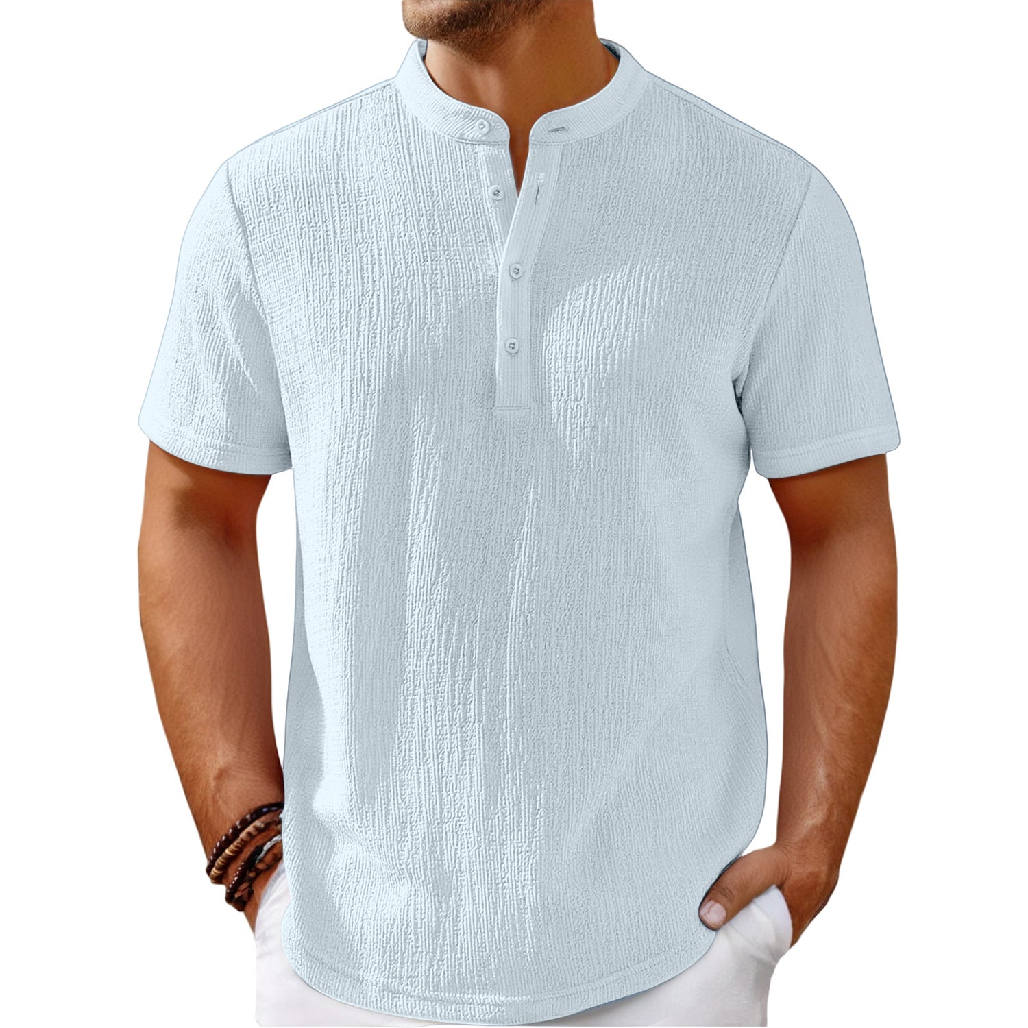 Carmine Juneberry striped cotton-linen Henley T-shirt in beige and white, casual fit, with buttoned collar and short sleeves.
