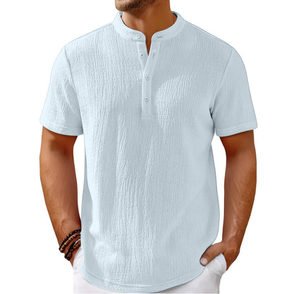 Carmine Juneberry striped cotton-linen Henley T-shirt in beige and white, casual fit, with buttoned collar and short sleeves.
