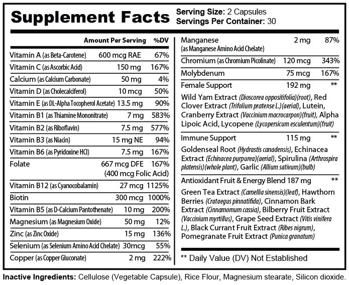 Bottle of Erin Chaos Pure Multi-Vitamins for Women with colorful label and capsules inside, dietary supplement for women&