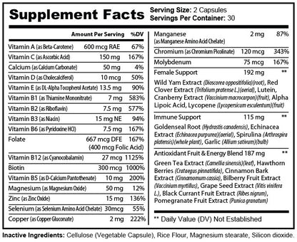 Bottle of Erin Chaos Pure Multi-Vitamins for Women with colorful label and capsules inside, dietary supplement for women&