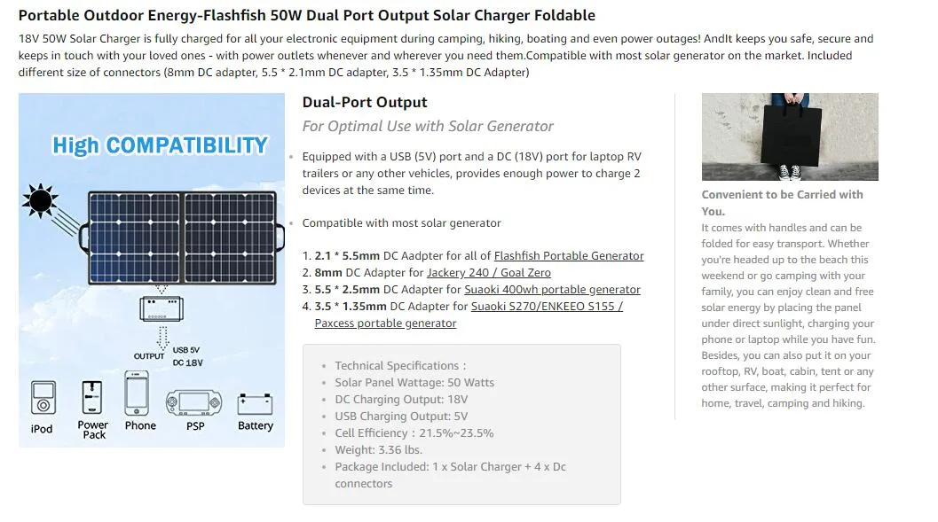 Foldable 50W 18V portable solar panel by Lilac Milo, ideal for outdoor sports and camping, showing the compact, folded design.