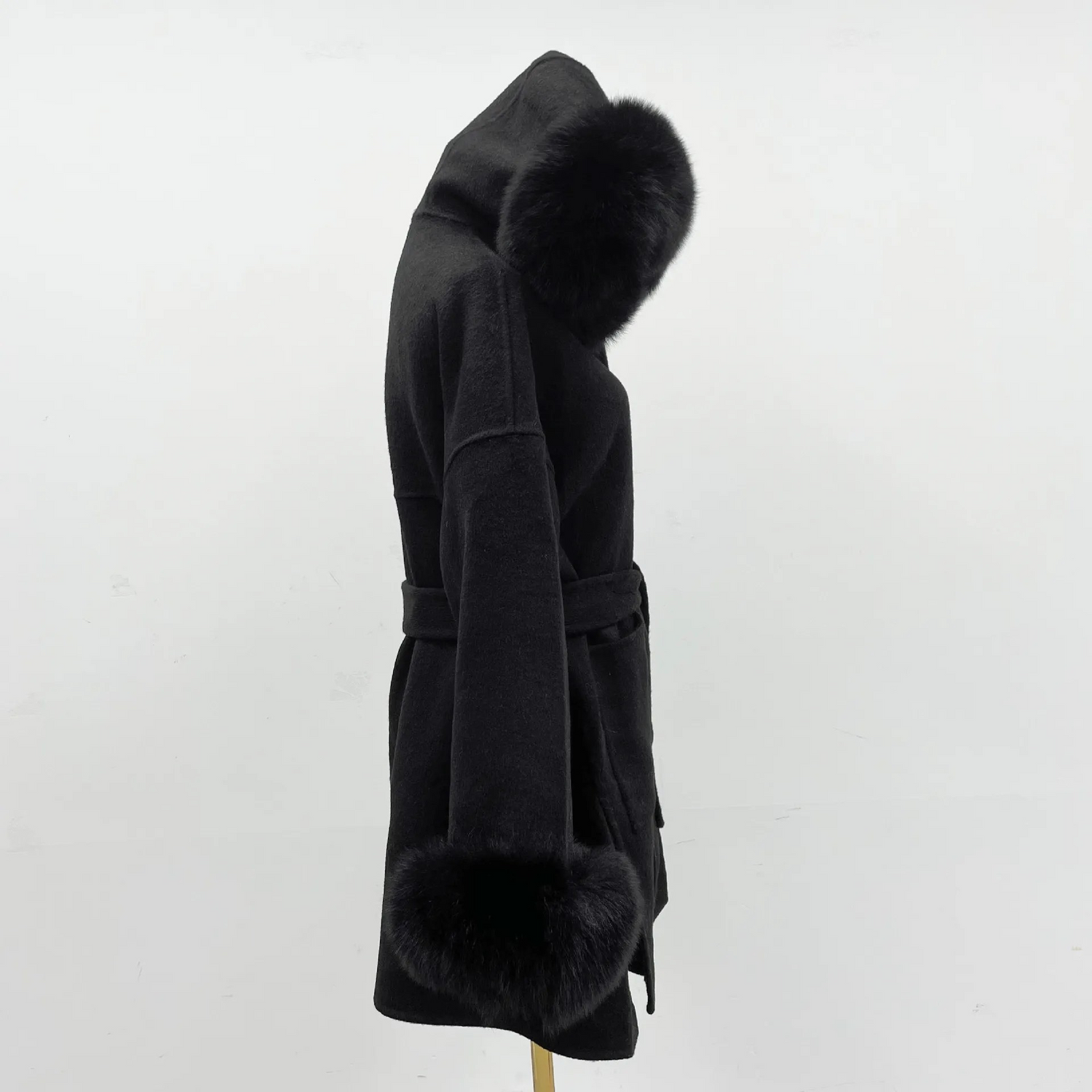 Carmine Juneberry oversized wool coat with fur collar and hood, double-sided design, stylish and warm jacket for winter.