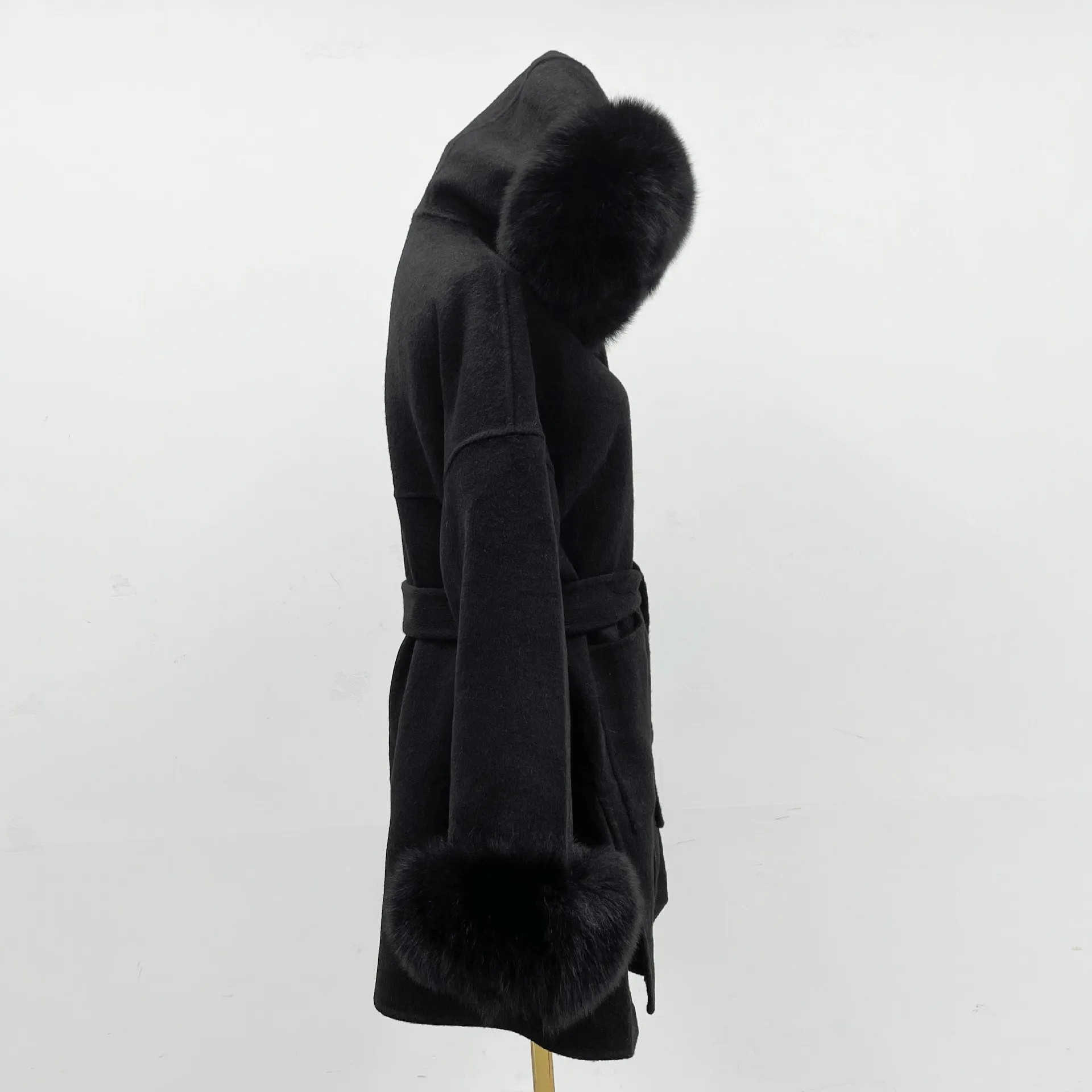 Carmine Juneberry oversized wool coat with fur collar and hood, double-sided design, stylish and warm jacket for winter.