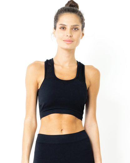 Black Milano leggings and bra set by Lazurite, made in Italy, shown as a comfortable and stylish women&