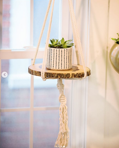 Silver Simba macrame plant hanger with intricate knot details holding a potted plant, perfect for home and garden decor.