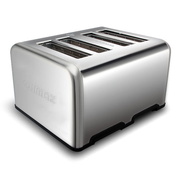 Stainless steel bakery toaster with extra-wide slots for bagels and bread, by Teal Simba, in a modern kitchen setting.