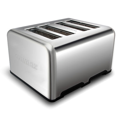 Stainless steel bakery toaster with extra-wide slots for bagels and bread, by Teal Simba, in a modern kitchen setting.