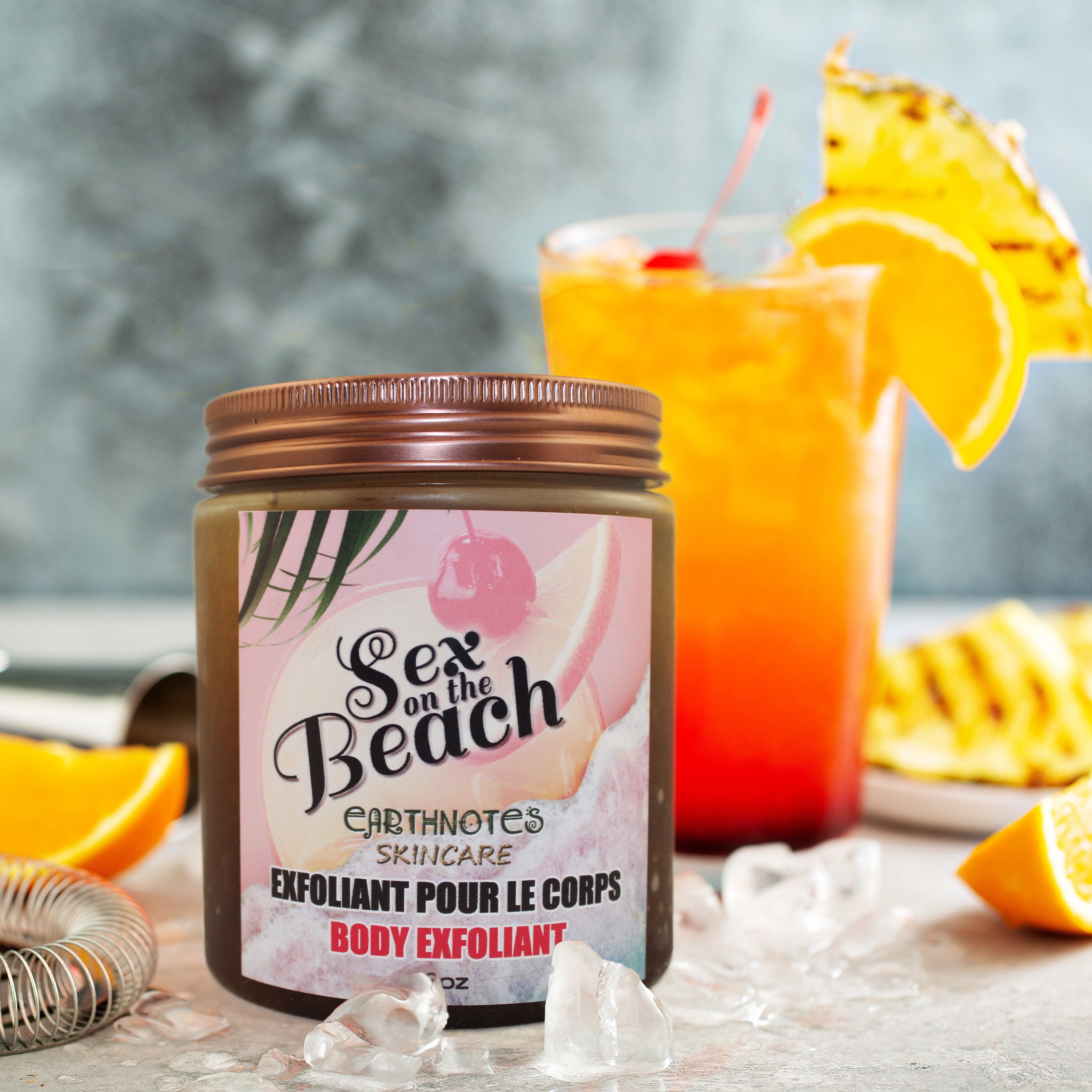 Silver Birch Cheers to Summer Sex on the Beach Body Exfoliant jar with tropical-themed label, perfect for summer body care.