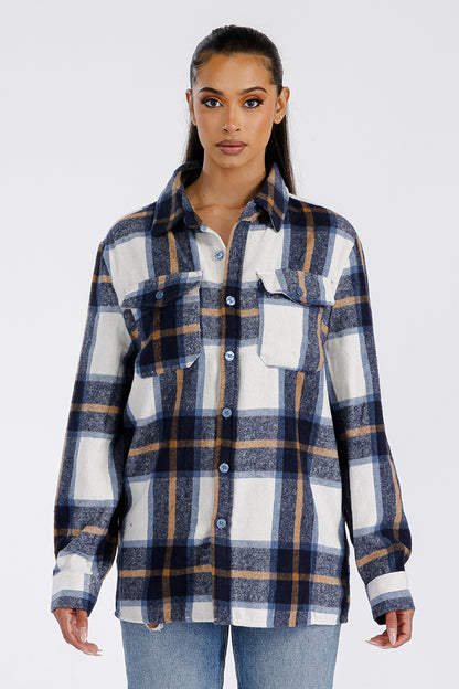 Lime Milo Boyfriend Oversized Soft Flannel Shacket FL506 in gray and white, featuring a relaxed fit and button-front design.