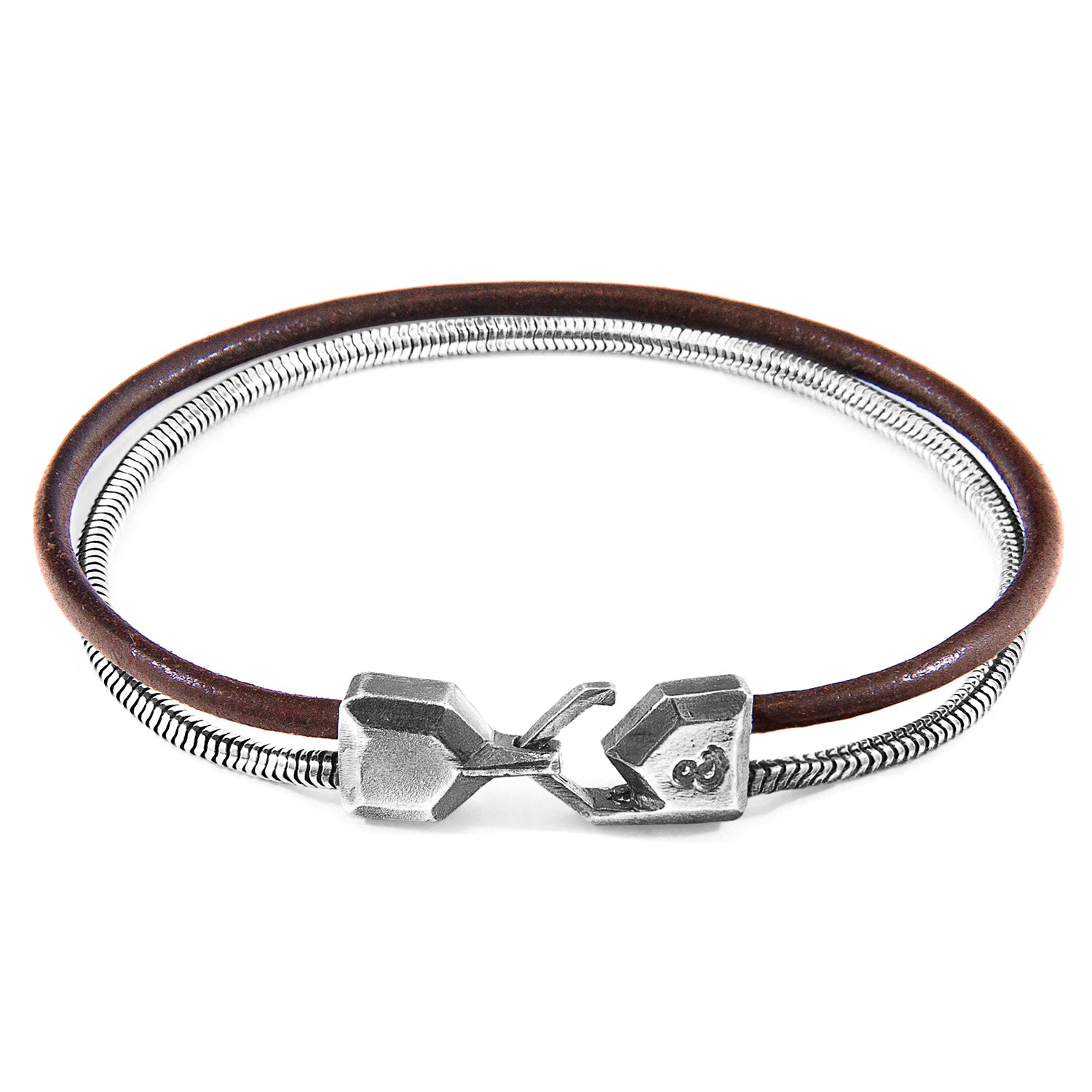 Mocha brown Gallant Mast silver and round leather bracelet by Magenta Sooty featuring a stylish leather strap and silver accents.