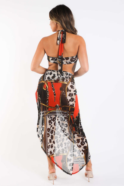Trendy Puce Juniper printed mesh cover-up set with a stylish top and matching shorts, perfect for beach or poolside wear.