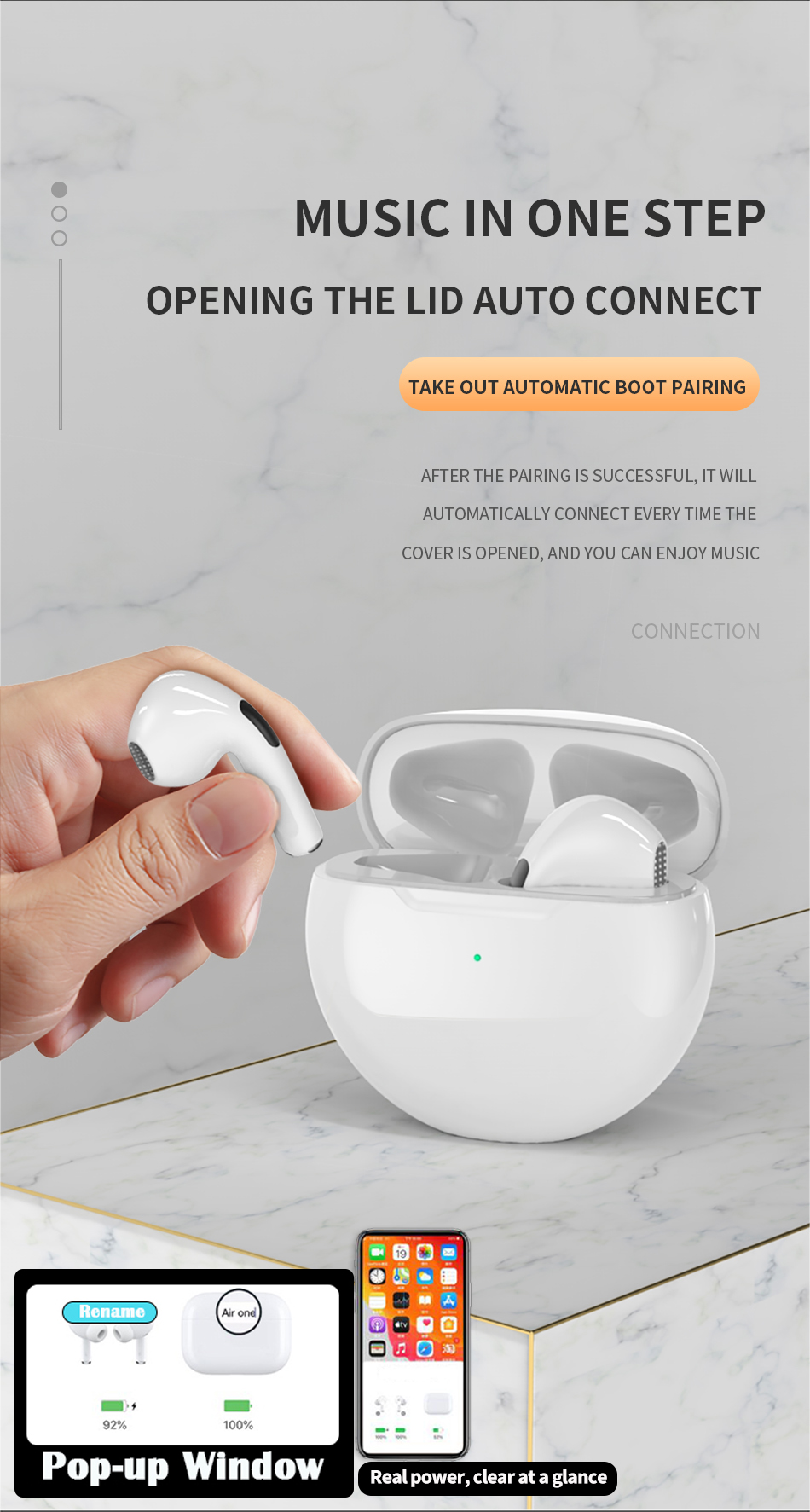 Lilac Milo TWS wireless headphones with built-in mic, compatible with Apple iPhone and Huawei smartphones.