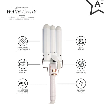 Sky Blue Thrace Wave Away triple barrel curler with tourmaline ceramic barrels for versatile, shiny, wavy hair styling.