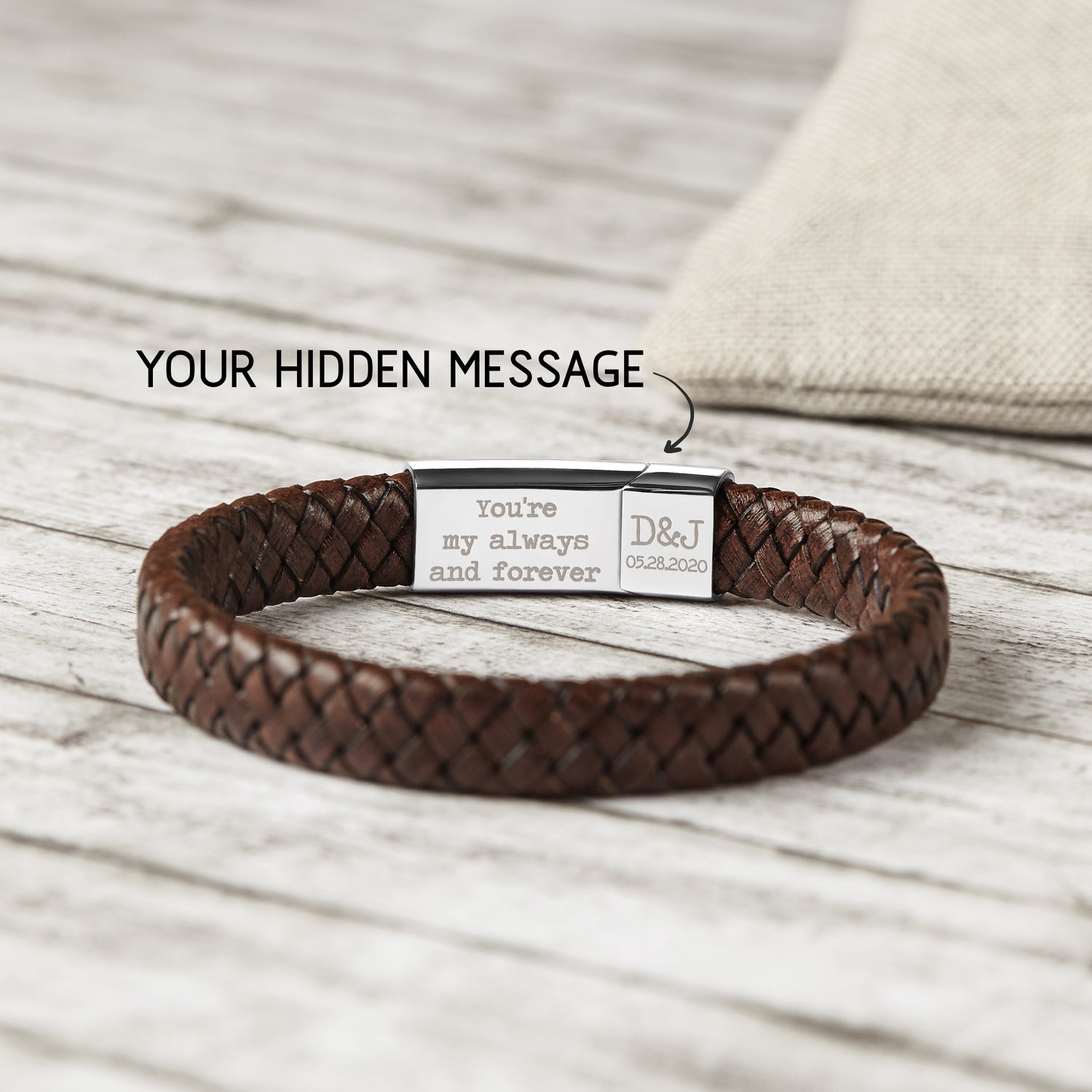 Personalized leather bracelet with hidden message from Green Millie, stylish accessory for boyfriend gifts, featuring engraved details.