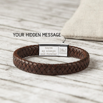 Personalized leather bracelet with hidden message from Green Millie, stylish accessory for boyfriend gifts, featuring engraved details.