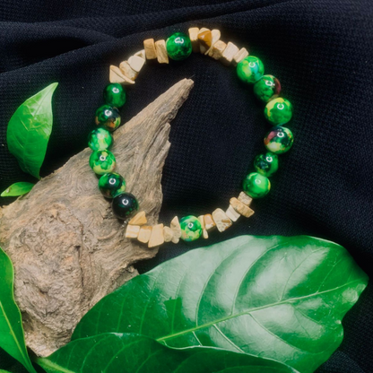 Tan Saffron Bark Agate and black green stone chip stretch bracelet featuring polished beads and elastic stretch design.