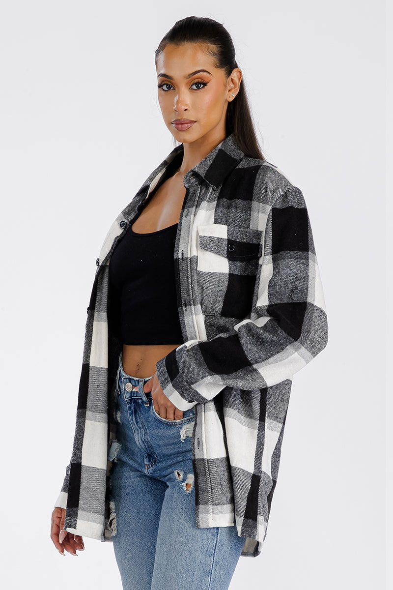 Lime Milo Boyfriend oversized soft flannel shacket in a cozy plaid design, perfect for casual layering.