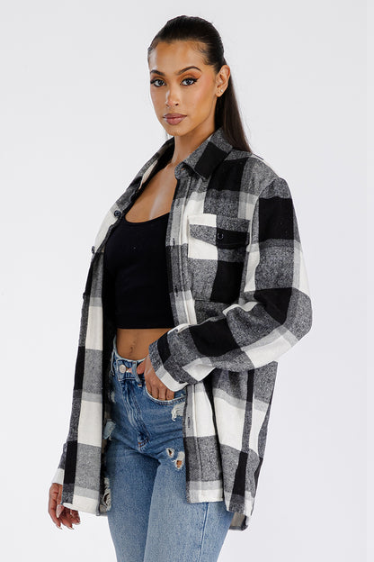 Lime Milo Boyfriend oversized soft flannel shacket in a cozy plaid design, perfect for casual layering.