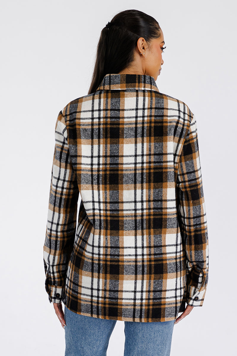 Lime Milo Boyfriend oversized soft flannel shacket in neutral tones, displayed on a hanger with a casual, relaxed fit.
