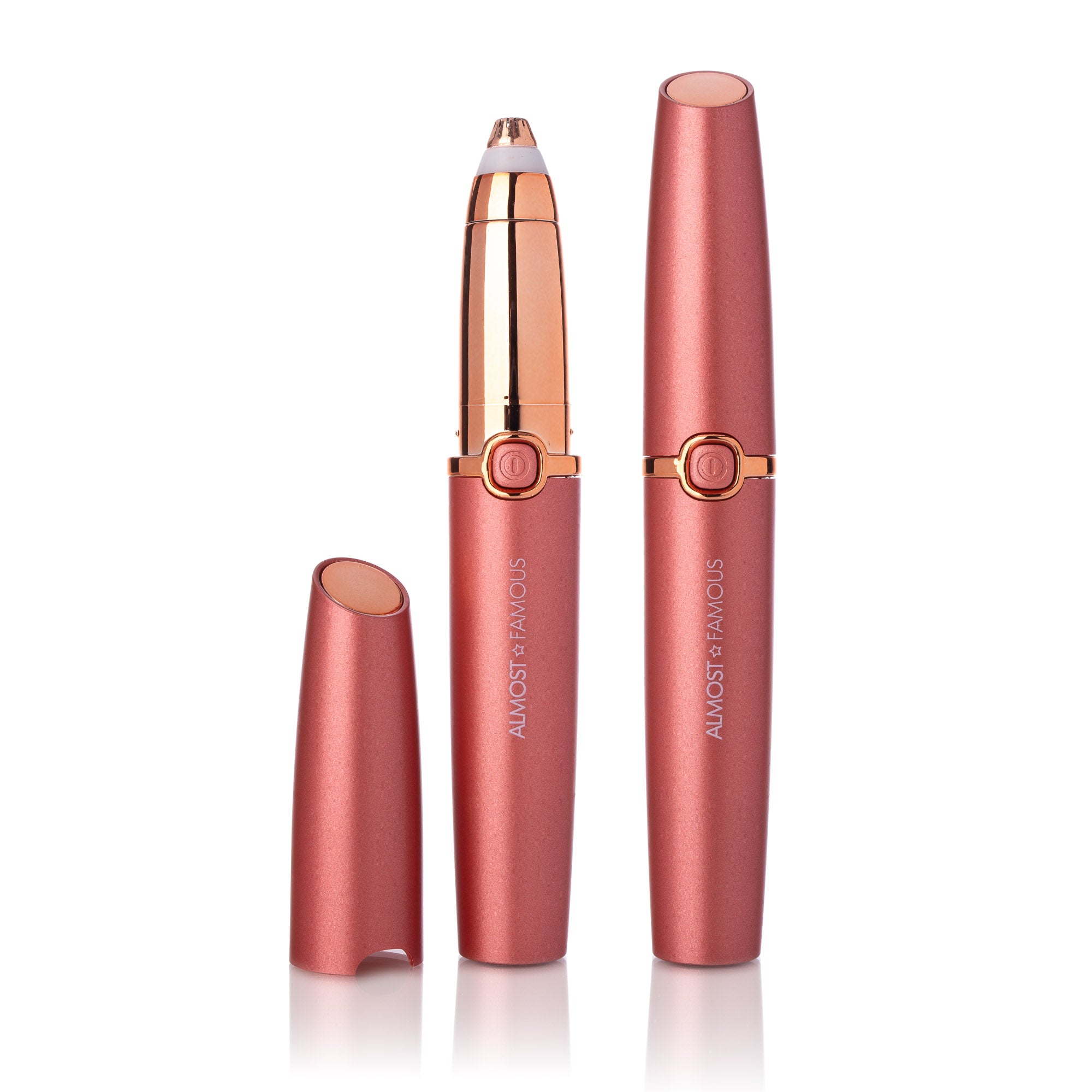 Sky Blue Thrace Almost Famous Precision Brow Shaver with rose gold accents for grooming and shaping eyebrows.