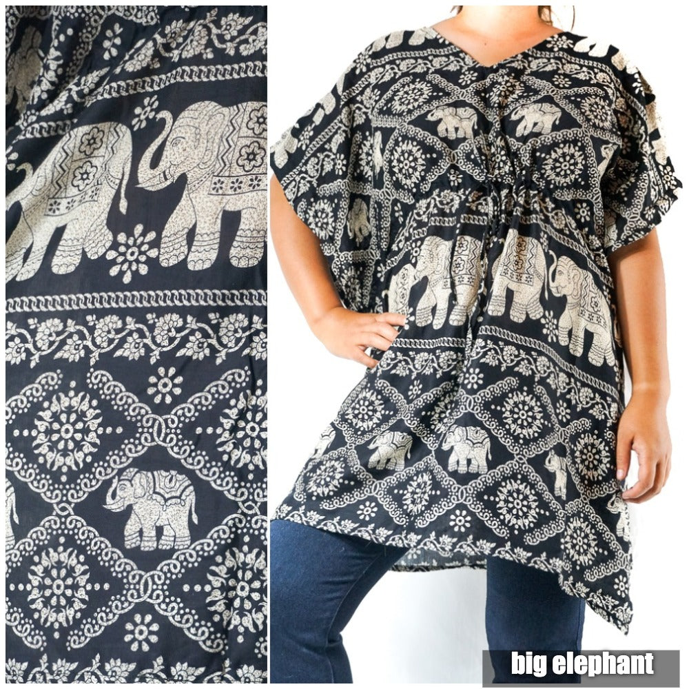Tan Smokey Boho Elephant Kaftan Shirt Dress with relaxed fit and short sleeves, featuring a colorful elephant print design.