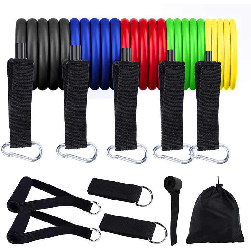 Set of 11 Teal Simba resistance bands for fitness exercises, including various elastic bands and handles for workout versatility.