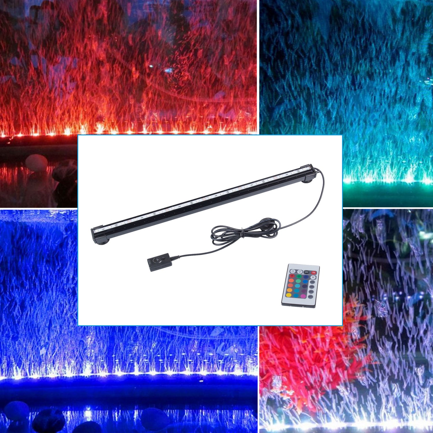 Teal Simba waterproof RGB aquarium fish tank lighting with colorful LED lights illuminating a fish tank.