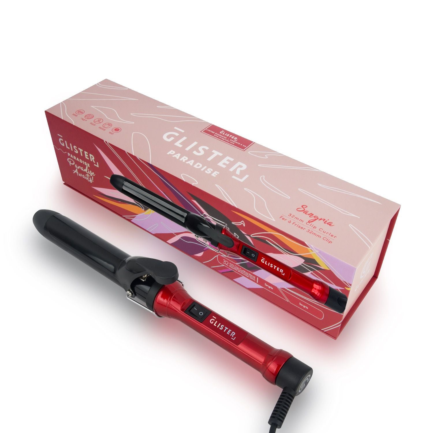 Sky Blue Thrace Paradise 32mm Max Volume Clip Curler in sangria, showing the vibrant red hair curler with a clip attachment.