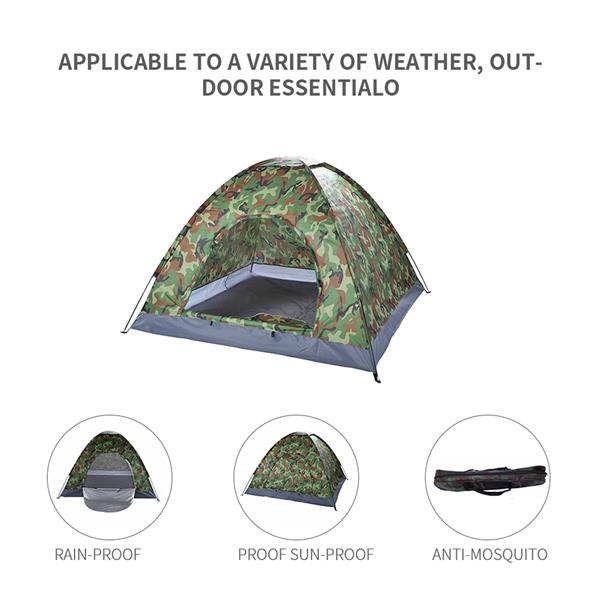 Camouflage 3-4 person camping dome tent by Teal Simba set up outdoors with mesh windows and rainfly for outdoor camping adventures.