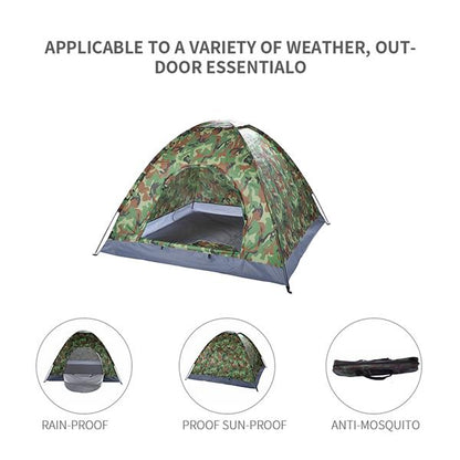Camouflage 3-4 person camping dome tent by Teal Simba set up outdoors with mesh windows and rainfly for outdoor camping adventures.