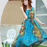 Yellow Pandora sleeveless peacock-themed long dress with intricate feather patterns and flowing fabric.