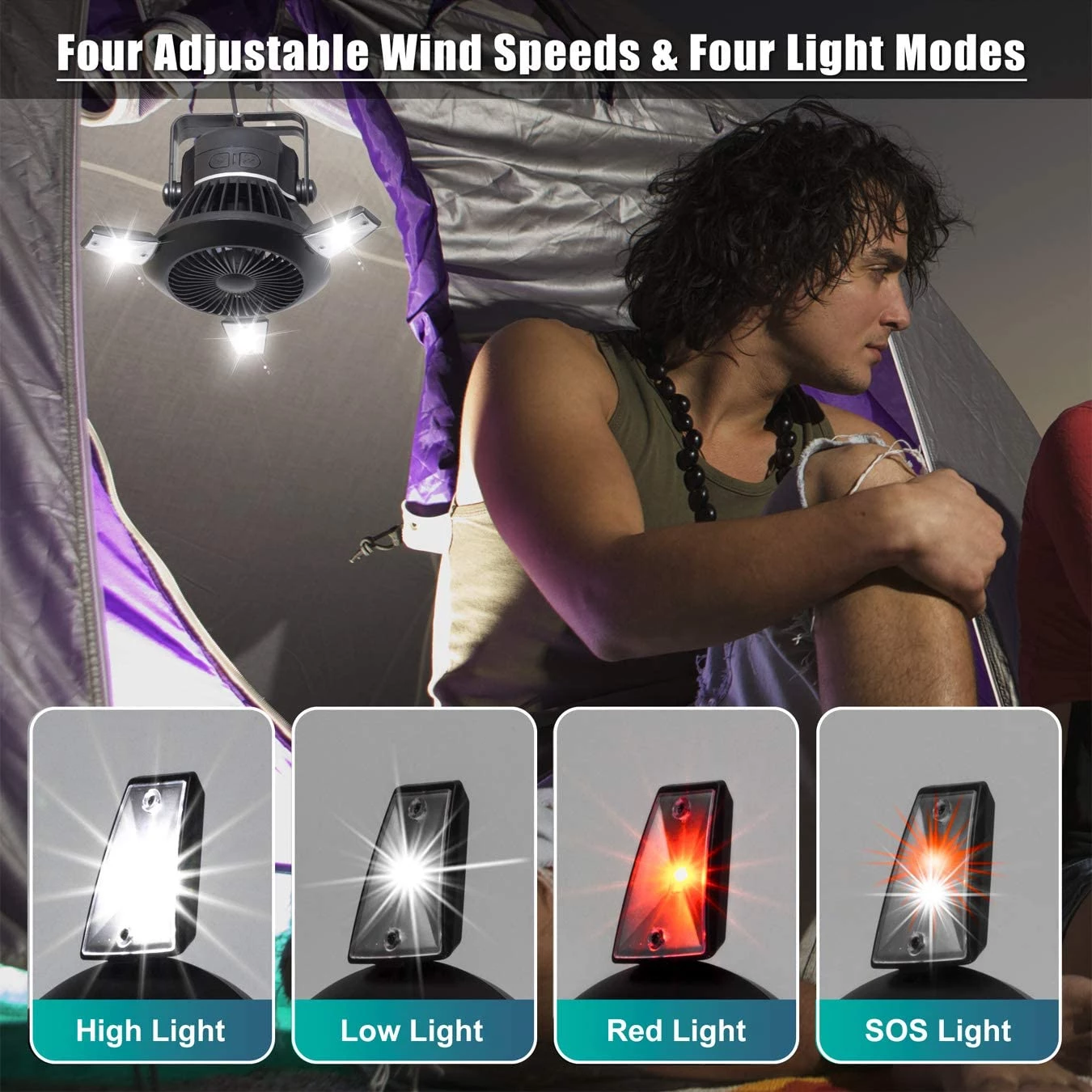 Lilac Milo foldable fan and portable LED solar camping lantern with hook, ideal for outdoor camping and outdoor activities.