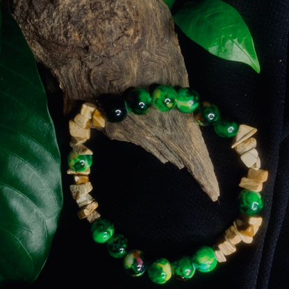 Tan Saffron Bark Agate and Black Green Stone Chip Stretch Bracelet with multi-colored gemstone beads.