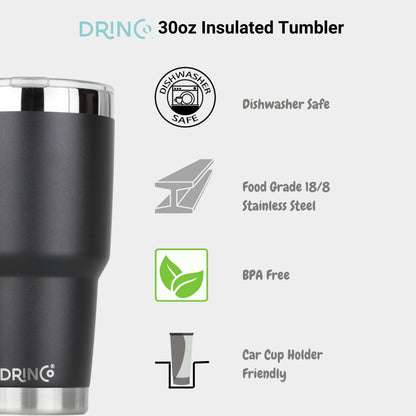 Black DRINCO® 30oz insulated tumbler with spill-proof lid and two straws, designed for durable, leak-proof drinkware by Orchid Lavender.