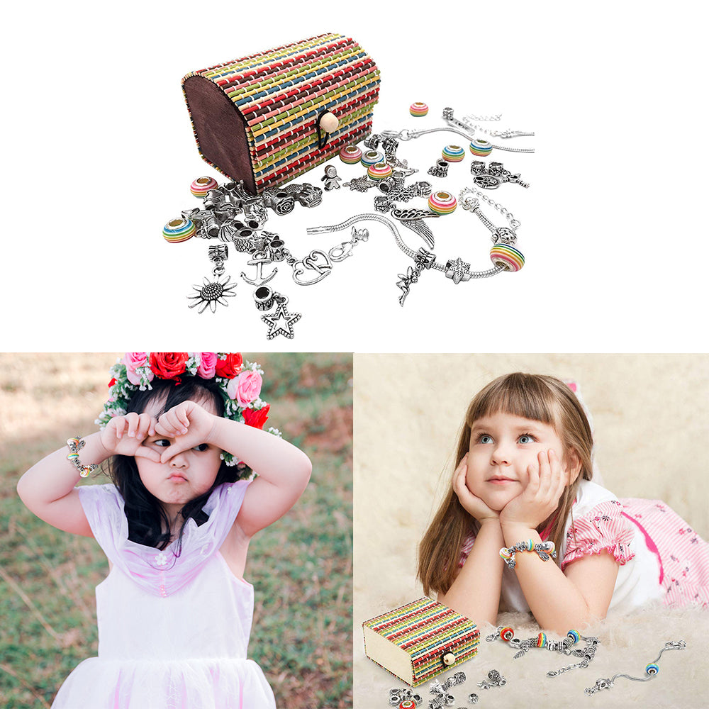 Teal Simba charm bracelet making set for girls with pendants, stones, and charms for DIY jewelry crafting.